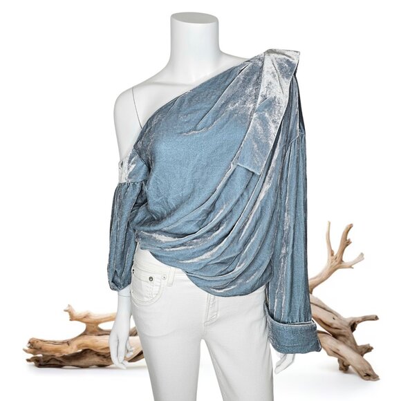 HELLESSY "Amalie" Smokey Blue Velvet One-Shoulder Top | US 6 | Retail $920 NWT - Picture 3 of 12